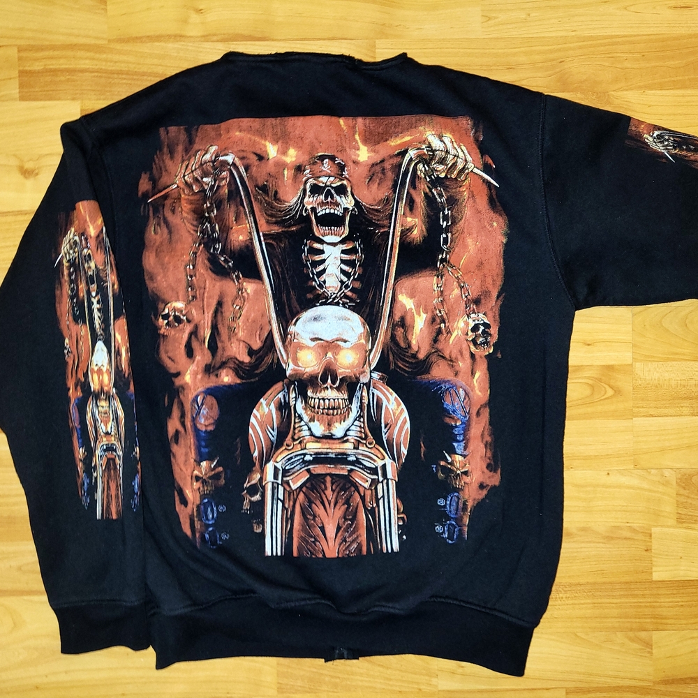 Y2K Skeleton Ghost Rider Cropped Biker AOP Graphic Zip Up Sweatshirt Large